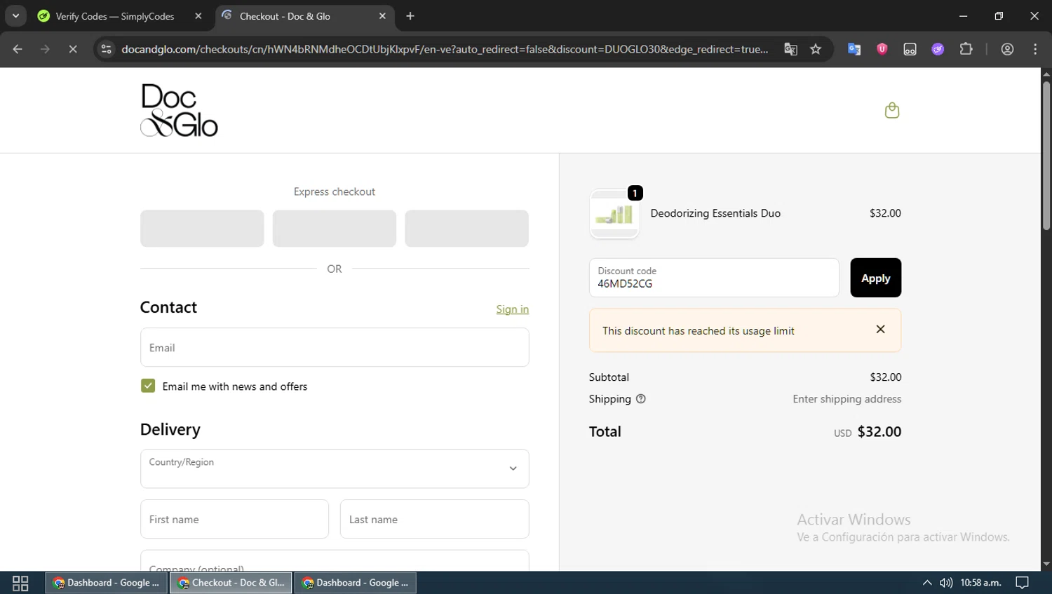 Doc & Glo promo code screenshot showing code 46MD52CG applied at Doc & Glo checkout page. Uploaded by SimplyCodes community member MoneyPioneer4925 on Oct 27, 2025