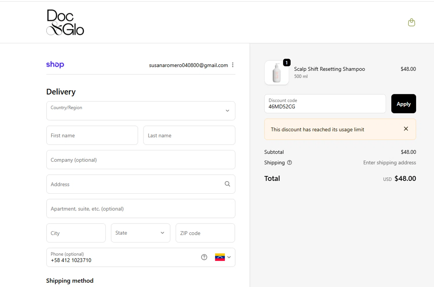 Doc & Glo promo code screenshot showing code 46MD52CG applied at Doc & Glo checkout page. Uploaded by SimplyCodes community member joanromero on Oct 27, 2025