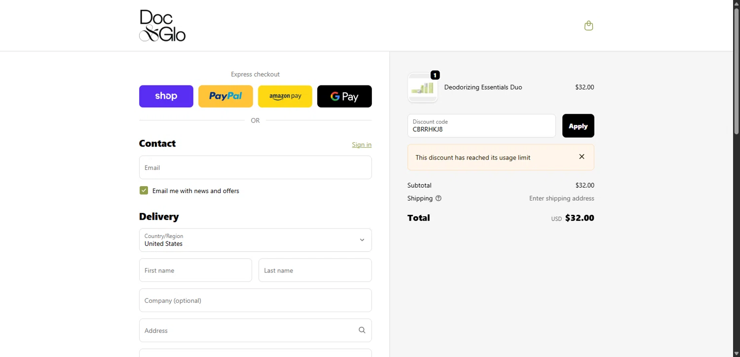 Doc & Glo promo code screenshot showing code CBRRHKJ8 applied at Doc & Glo checkout page. Uploaded by SimplyCodes community member Lorencia on Oct 23, 2025
