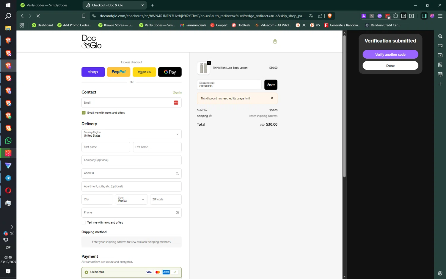 Doc & Glo promo code screenshot showing code CBRRHKJ8 applied at Doc & Glo checkout page. Uploaded by SimplyCodes community member ilarrazaM7 on Oct 23, 2025