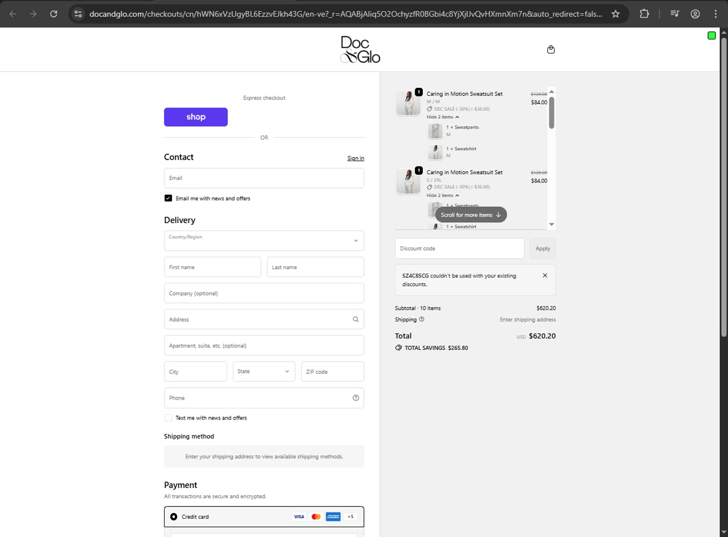 Doc & Glo promo code screenshot showing code 5Z4C85CG applied at Doc & Glo checkout page. Uploaded by SimplyCodes community member ValiantFox2134 on Dec 28, 2025