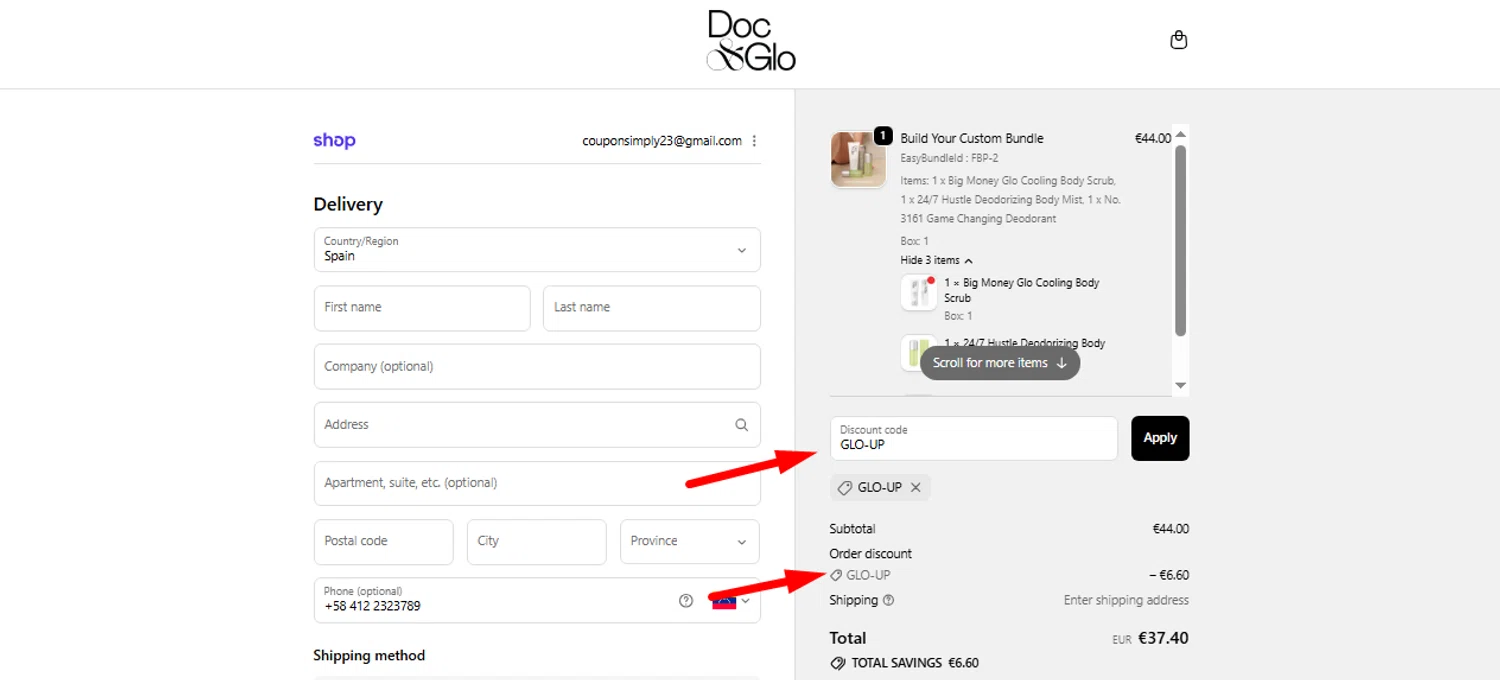 Doc & Glo promo code screenshot showing code GLO-UP applied at Doc & Glo checkout page. Uploaded by SimplyCodes community member Myrulesmagazine23 on Dec 18, 2025