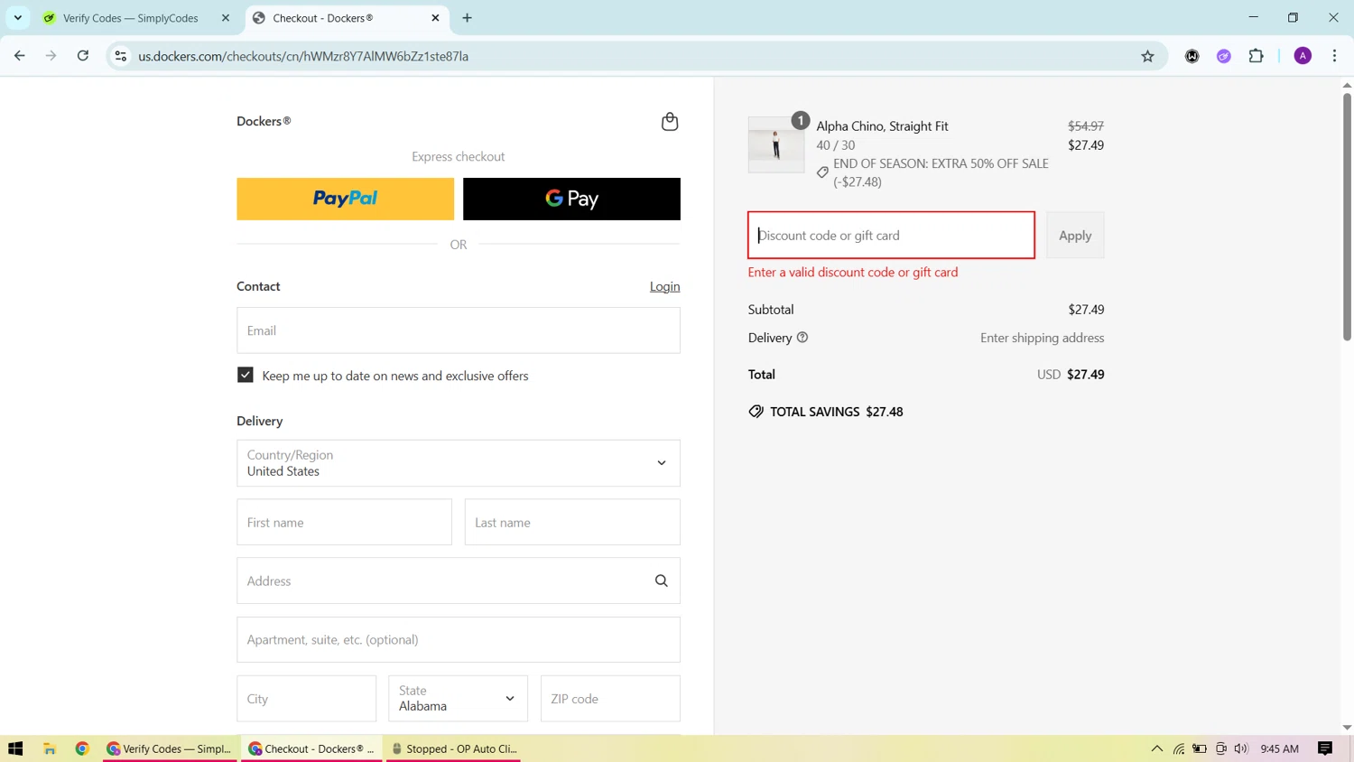 Dockers discount code screenshot showing code SUMMER applied at Dockers checkout page. Uploaded by SimplyCodes community member CashChaser7272 on Jun 24, 2025