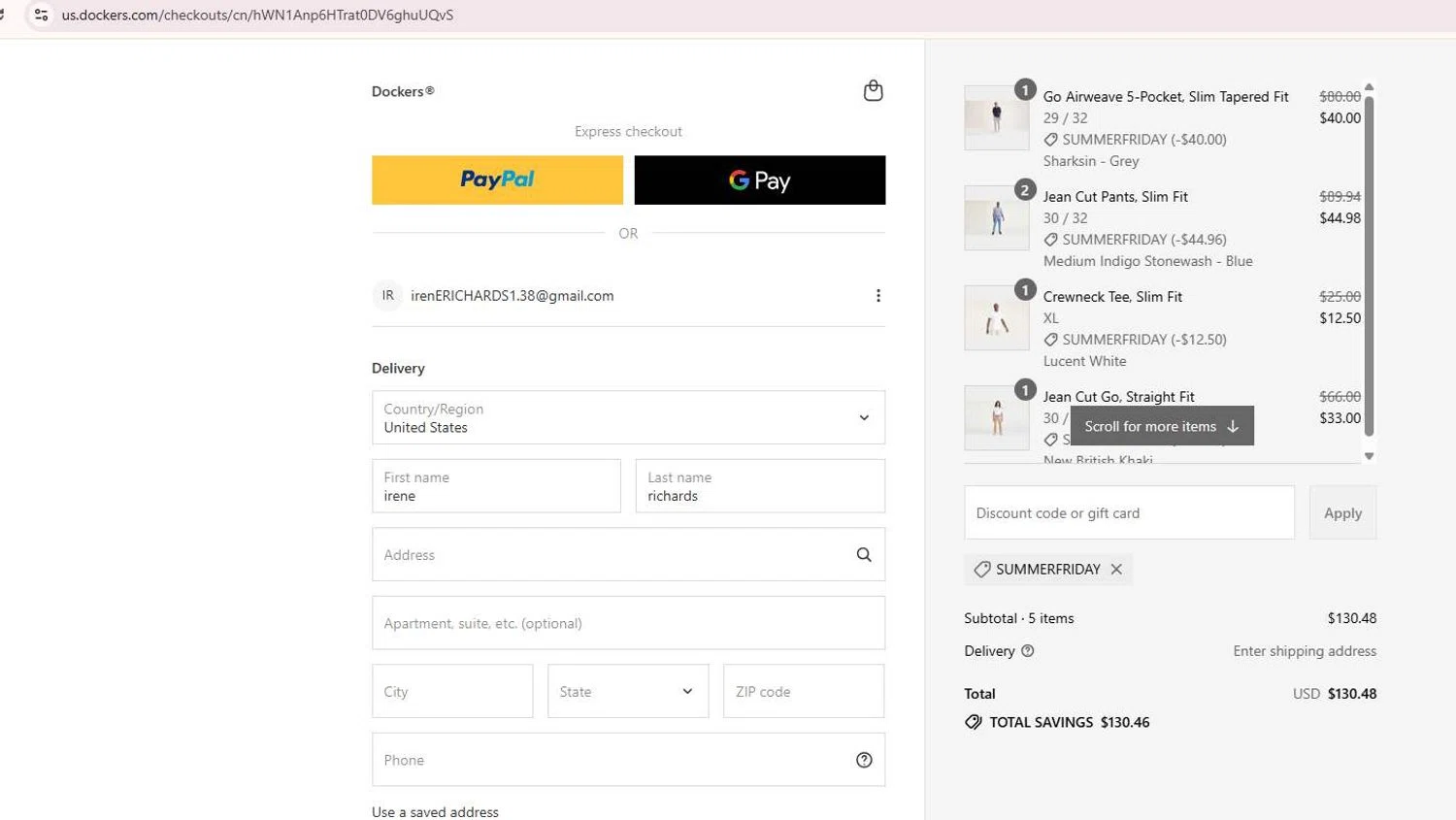 Dockers discount code screenshot showing code SUMMERFRIDAY applied at Dockers checkout page. Uploaded by SimplyCodes community member 6d796e616d656973 on Aug 29, 2025