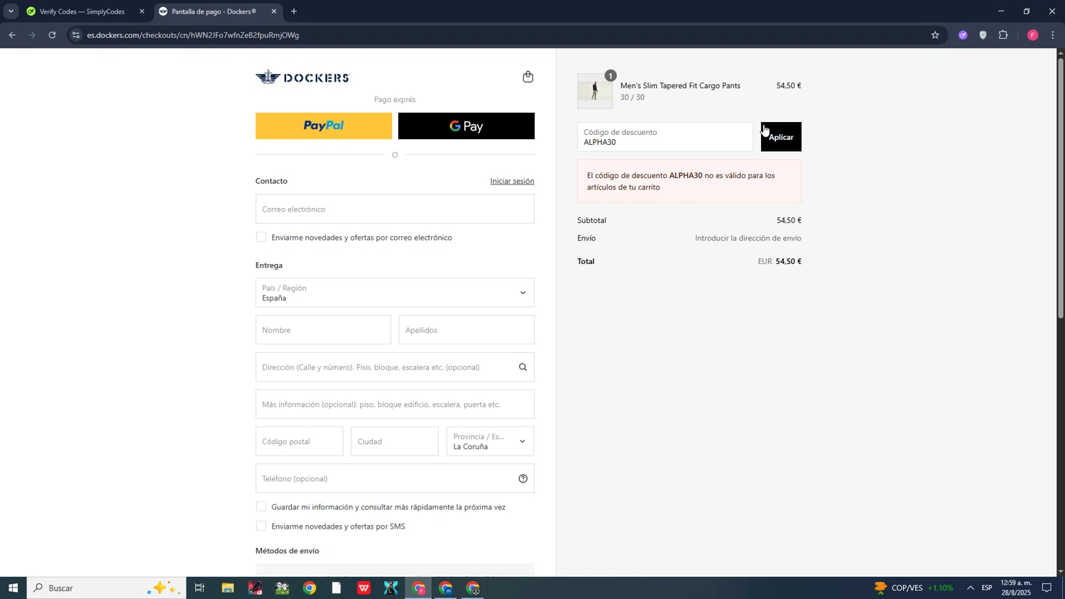 Dockers discount code screenshot showing code ALPHA30 applied at Dockers checkout page. Uploaded by SimplyCodes community member CleverMonarch1744 on Aug 28, 2025