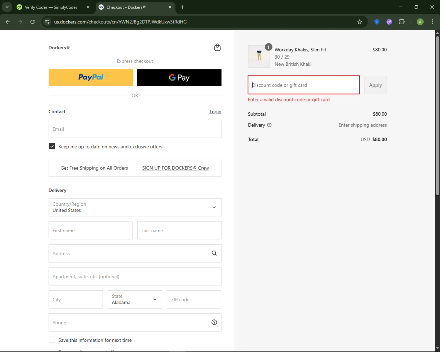 Dockers discount code screenshot showing code ALPHA30 applied at Dockers checkout page. Uploaded by SimplyCodes community member MagnificentSaver708 on Aug 28, 2025