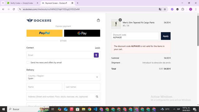 Dockers checkout page showing Dockers discount code box | Screenshot taken by SimplyCodes community member on Aug 20, 2025
