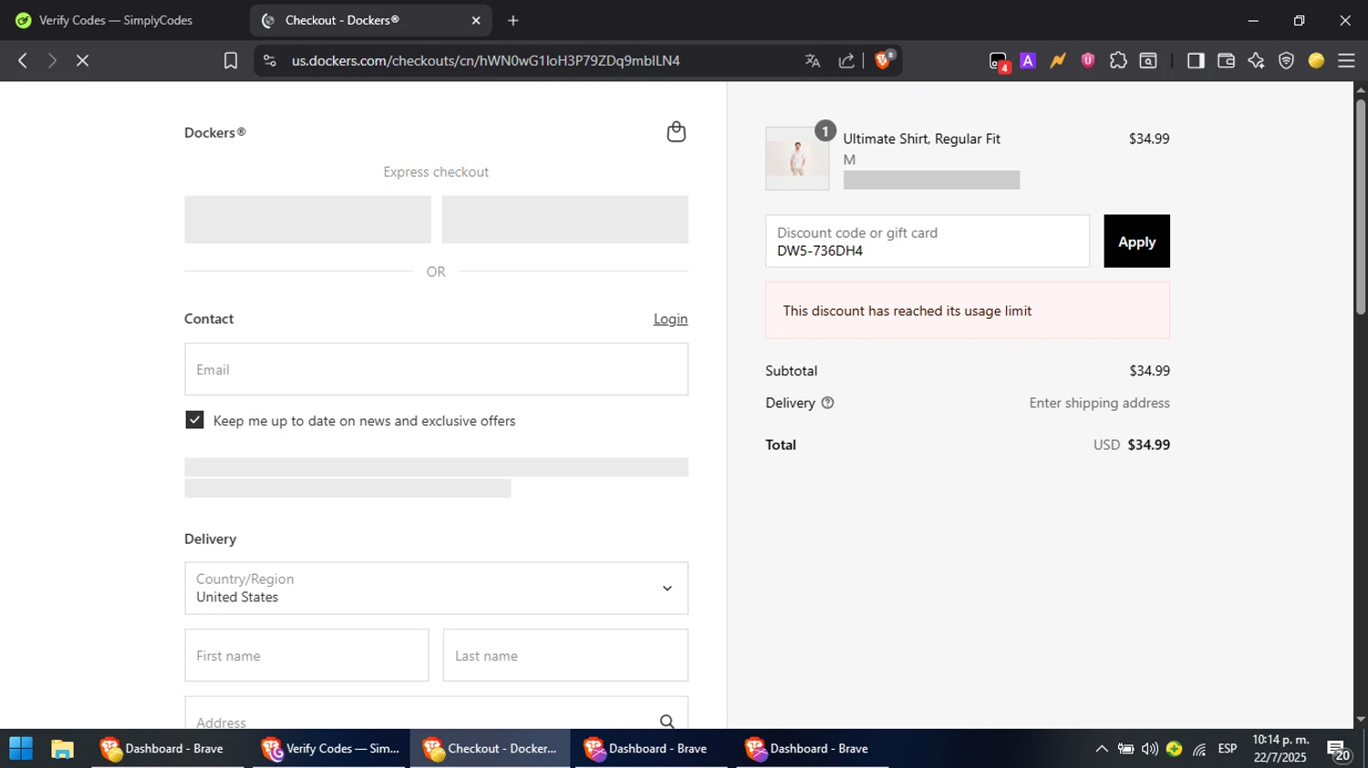 Dockers discount code screenshot showing code DW5-736DH4 applied at Dockers checkout page. Uploaded by SimplyCodes community member PromoScout8746 on Jul 23, 2025