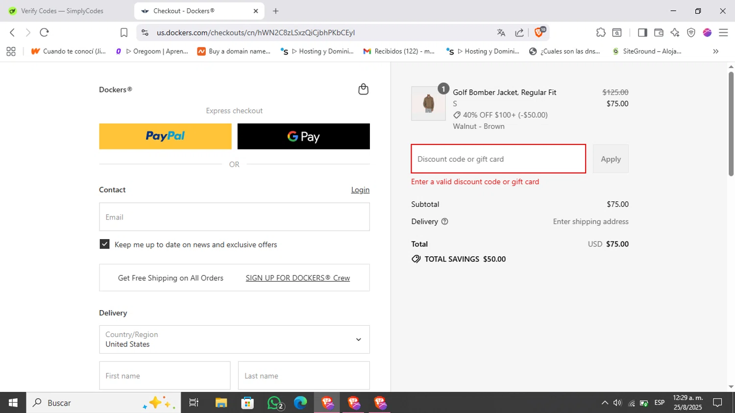 Dockers discount code screenshot showing code SUMMERFRIDAY applied at Dockers checkout page. Uploaded by SimplyCodes community member Kimberly on Aug 25, 2025