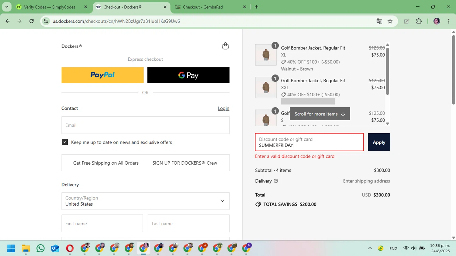 Dockers discount code screenshot showing code SUMMERFRIDAY applied at Dockers checkout page. Uploaded by SimplyCodes community member Mari_perez on Aug 25, 2025