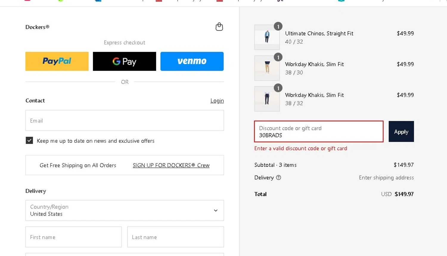 Dockers discount code screenshot showing code 30BRADS applied at Dockers checkout page. Uploaded by SimplyCodes community member LAMINEJAMAL on Jul 8, 2025