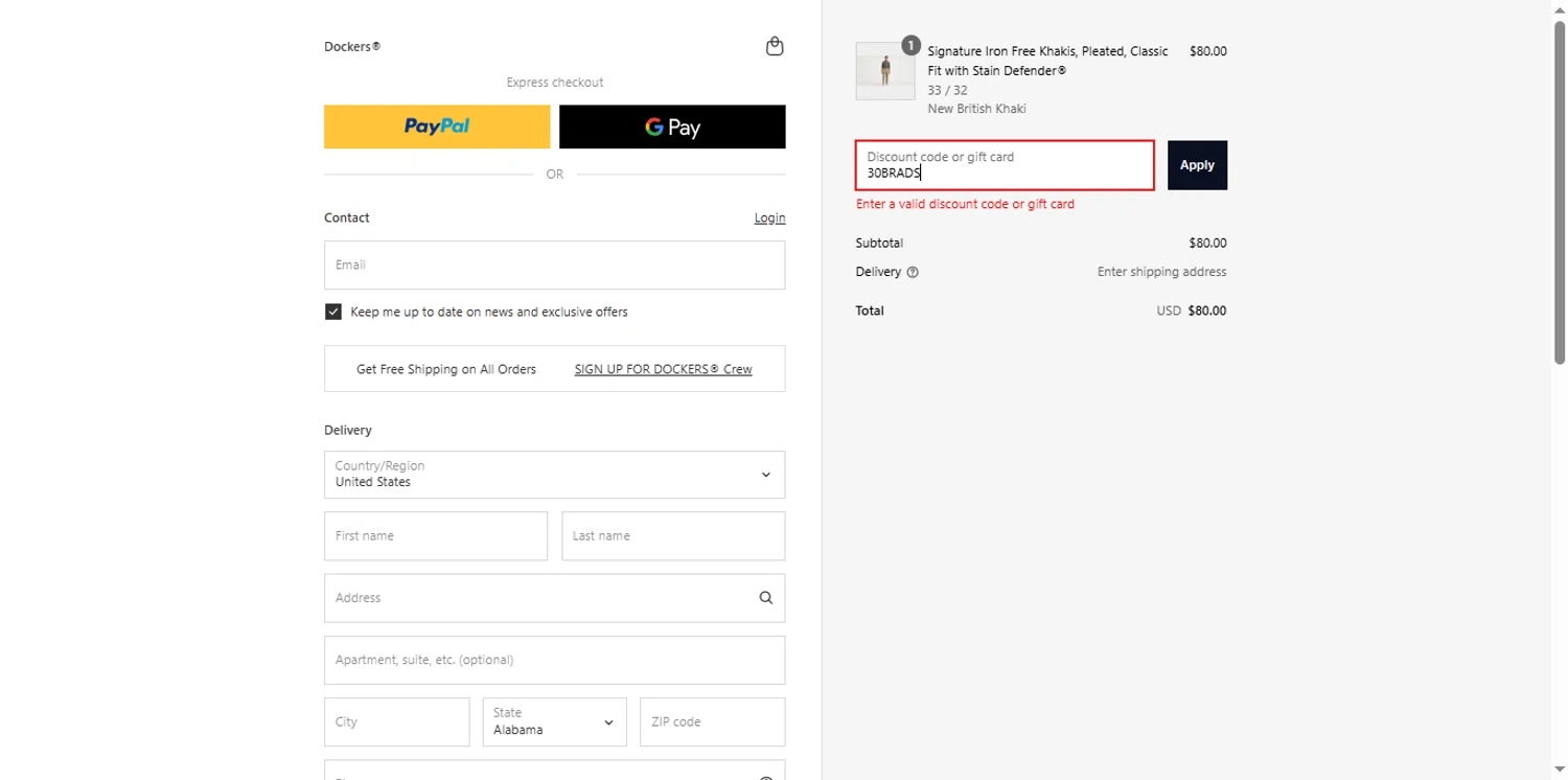 Dockers discount code screenshot showing code 30BRADS applied at Dockers checkout page. Uploaded by SimplyCodes community member renegul on Aug 6, 2025