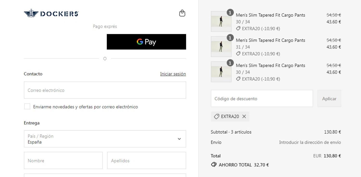 Dockers discount code screenshot showing code extra20 applied at Dockers checkout page. Uploaded by SimplyCodes community member Lyn1991 on Jul 29, 2025