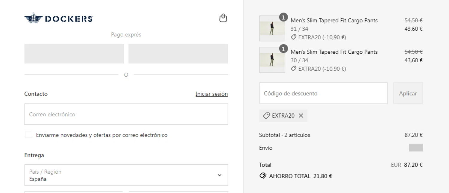 Dockers discount code screenshot showing code EXTRA20 applied at Dockers checkout page. Uploaded by SimplyCodes community member Lyn1991 on Jul 26, 2025