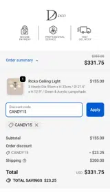 CANDY15 coupon verification screenshot