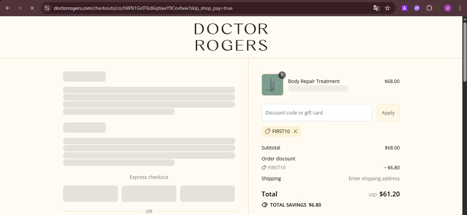 Doctor Rogers coupon code screenshot showing code FIRST10 applied at Doctor Rogers checkout page. Uploaded by SimplyCodes community member PennyTiger4891 on Jul 31, 2025