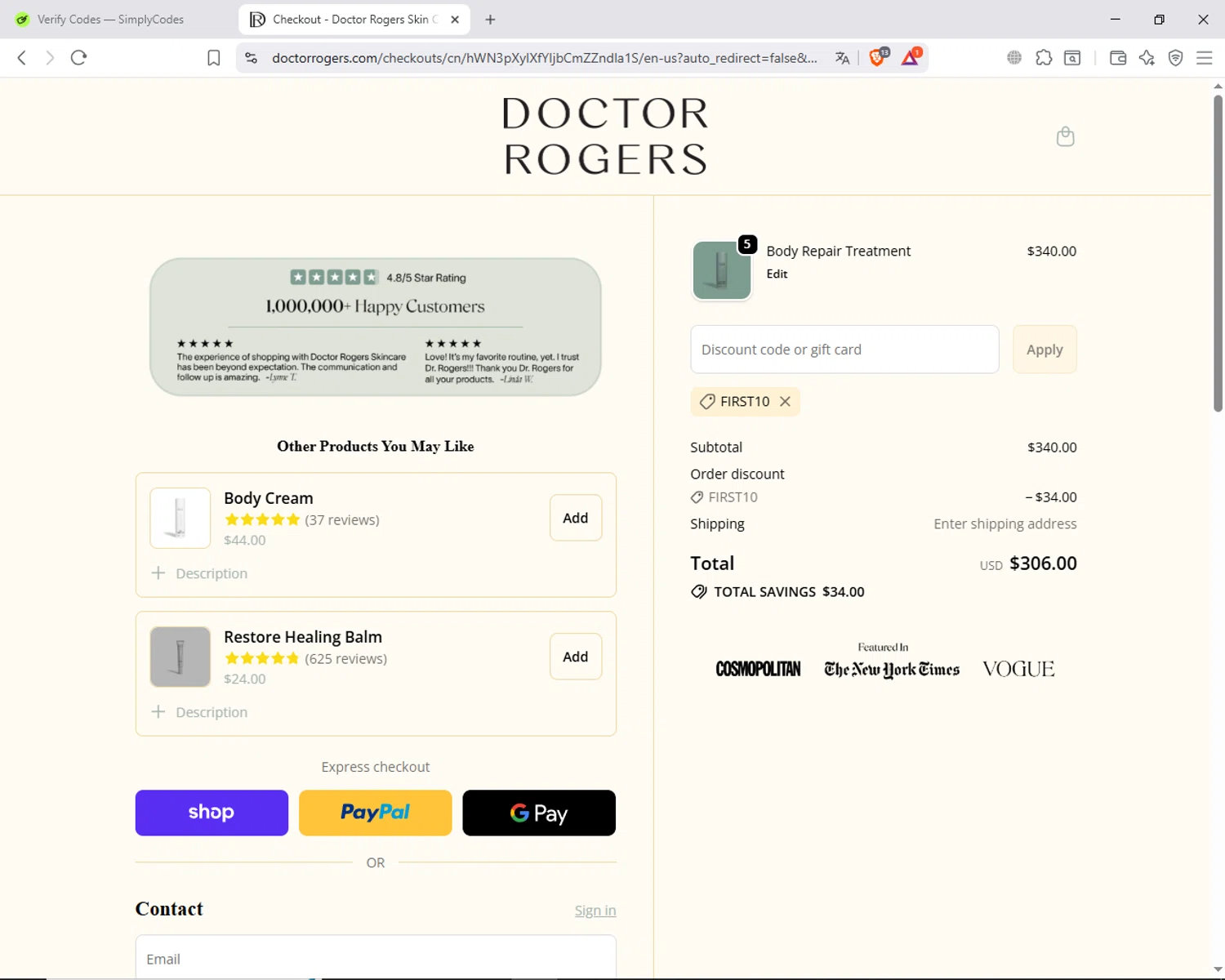 Doctor Rogers coupon code screenshot showing code FIRST10 applied at Doctor Rogers checkout page. Uploaded by SimplyCodes community member ShieldAdmiral6835 on Oct 7, 2025
