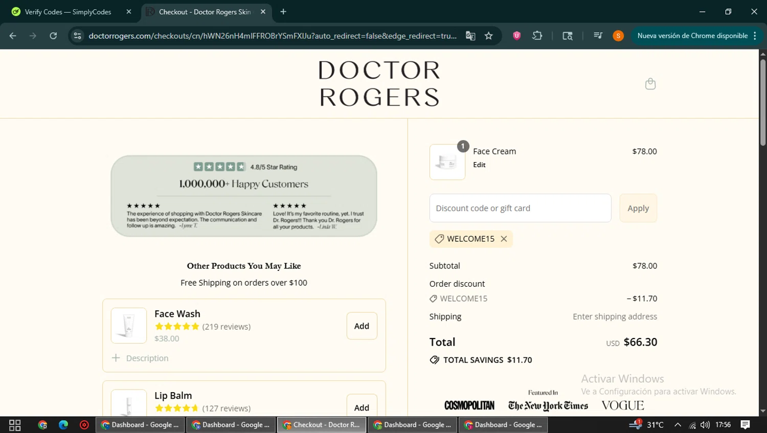 Doctor Rogers coupon code screenshot showing code WELCOME15 applied at Doctor Rogers checkout page. Uploaded by SimplyCodes community member QuestCaptain8930 on Aug 22, 2025