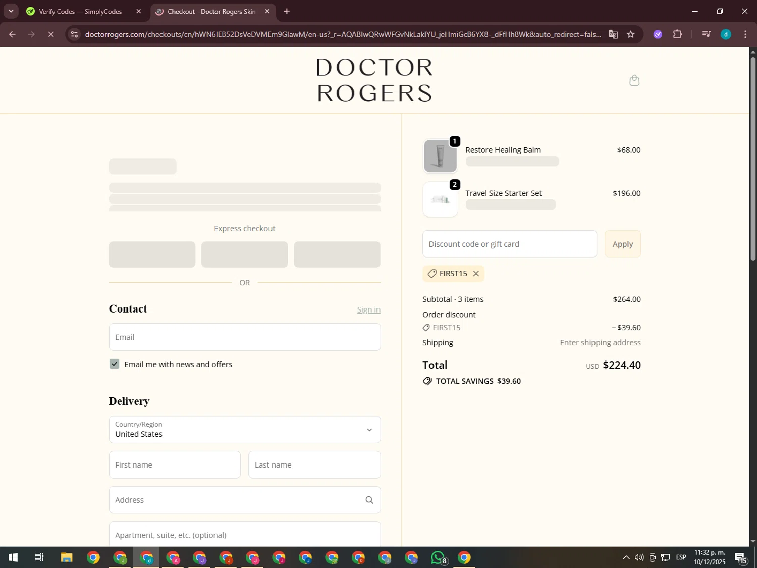 Doctor Rogers coupon code screenshot showing code First15 applied at Doctor Rogers checkout page. Uploaded by SimplyCodes community member GloriousTiger3507 on Dec 11, 2025