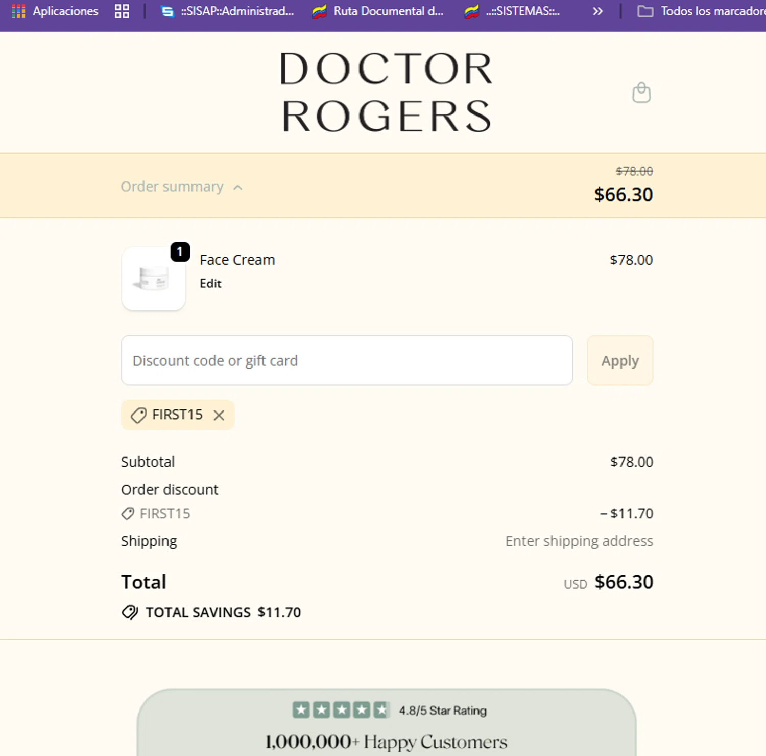 Doctor Rogers coupon code screenshot showing code First15 applied at Doctor Rogers checkout page. Uploaded by SimplyCodes community member Jessica_Alvarez on Oct 27, 2025