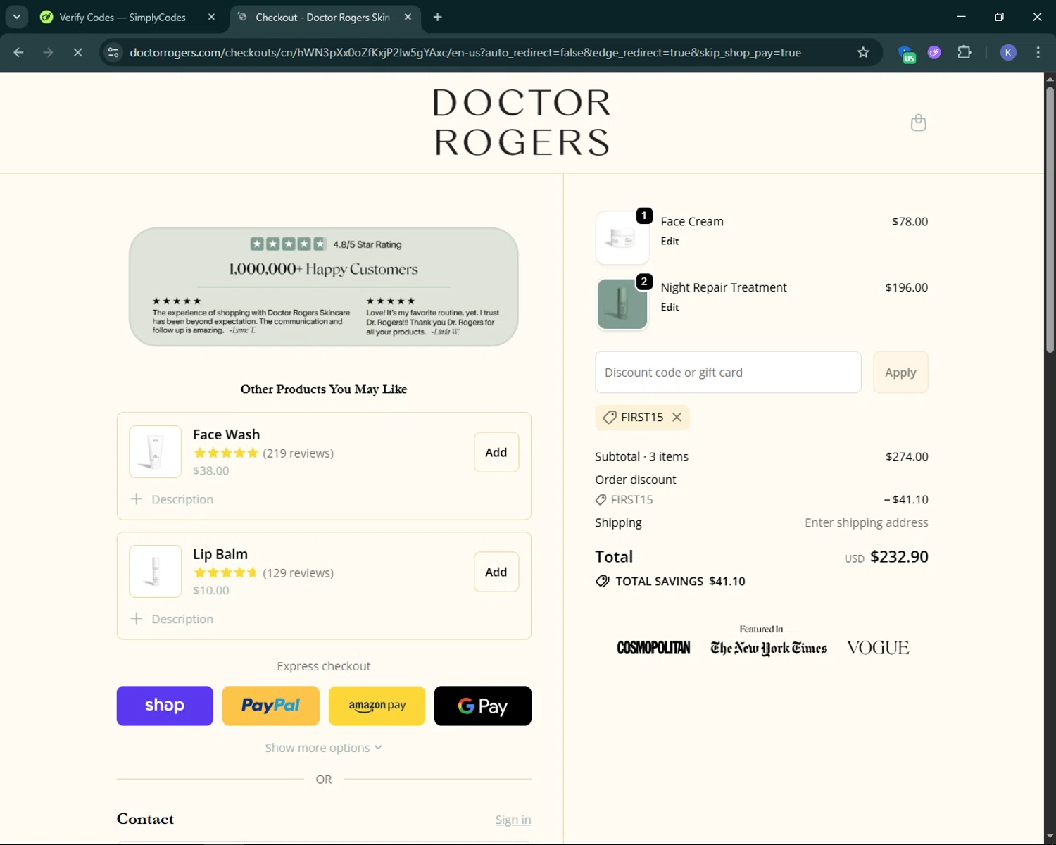 Doctor Rogers coupon code screenshot showing code First15 applied at Doctor Rogers checkout page. Uploaded by SimplyCodes community member KevLapage on Oct 7, 2025