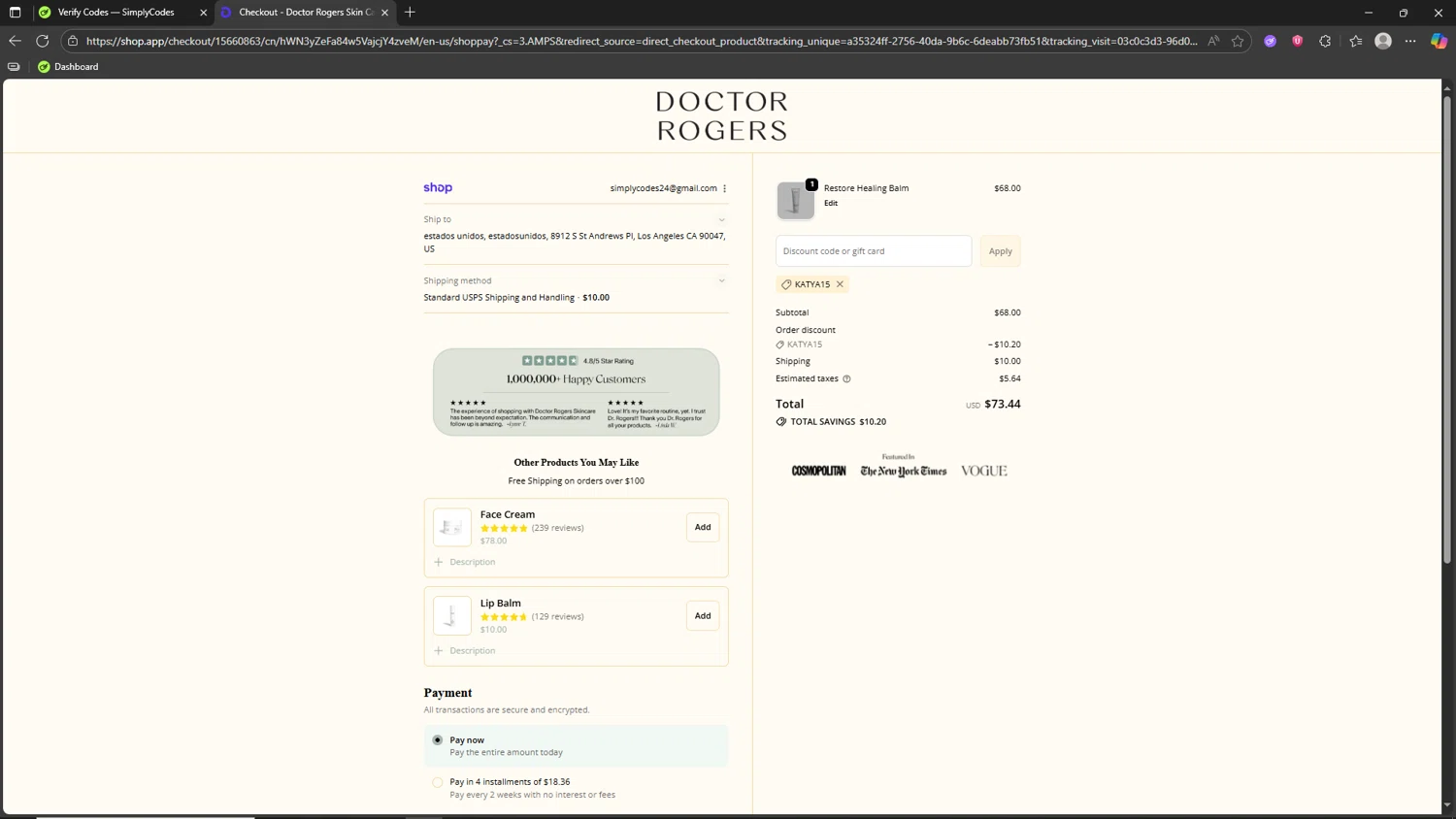 Doctor Rogers coupon code screenshot showing code KATYA15 applied at Doctor Rogers checkout page. Uploaded by SimplyCodes community member Akatsuki on Oct 11, 2025