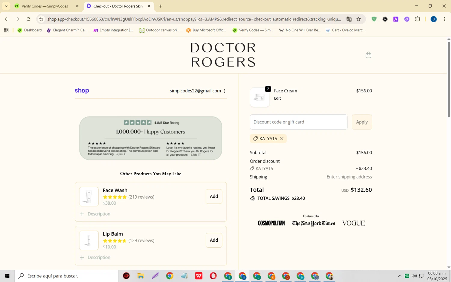Doctor Rogers coupon code screenshot showing code KATYA15 applied at Doctor Rogers checkout page. Uploaded by SimplyCodes community member CleverOwl2485 on Oct 3, 2025