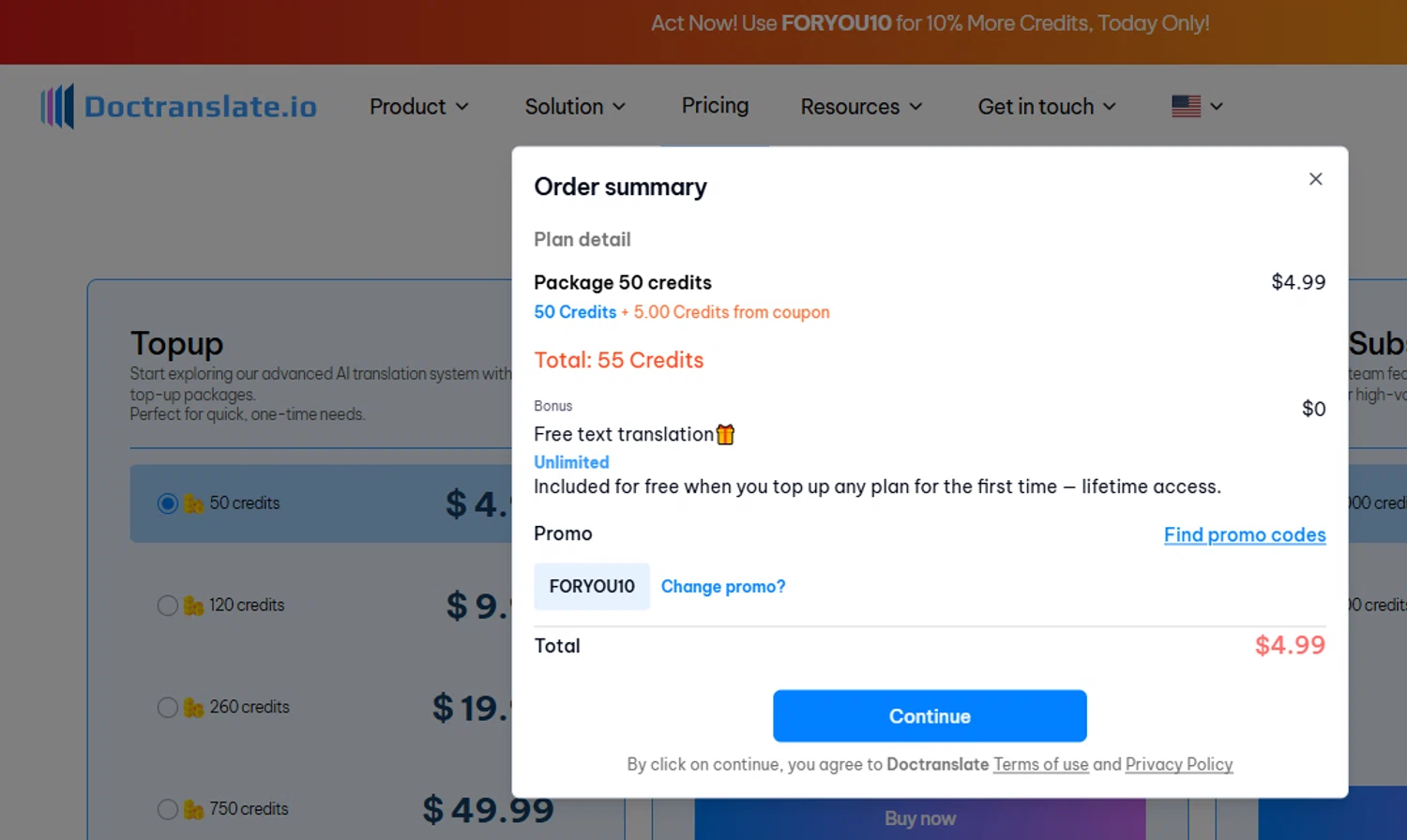 Doctranslate promo code screenshot showing code FORYOU10 applied at Doctranslate checkout page. Uploaded by SimplyCodes community member Loki_Odinson on Oct 5, 2025