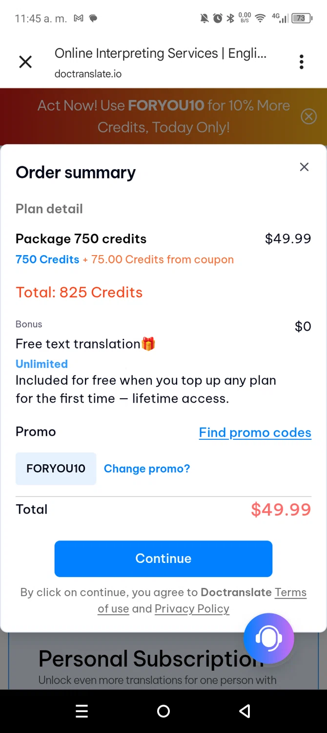 Doctranslate promo code screenshot showing code FORYOU10 applied at Doctranslate checkout page. Uploaded by SimplyCodes community member leiraM on Nov 3, 2025