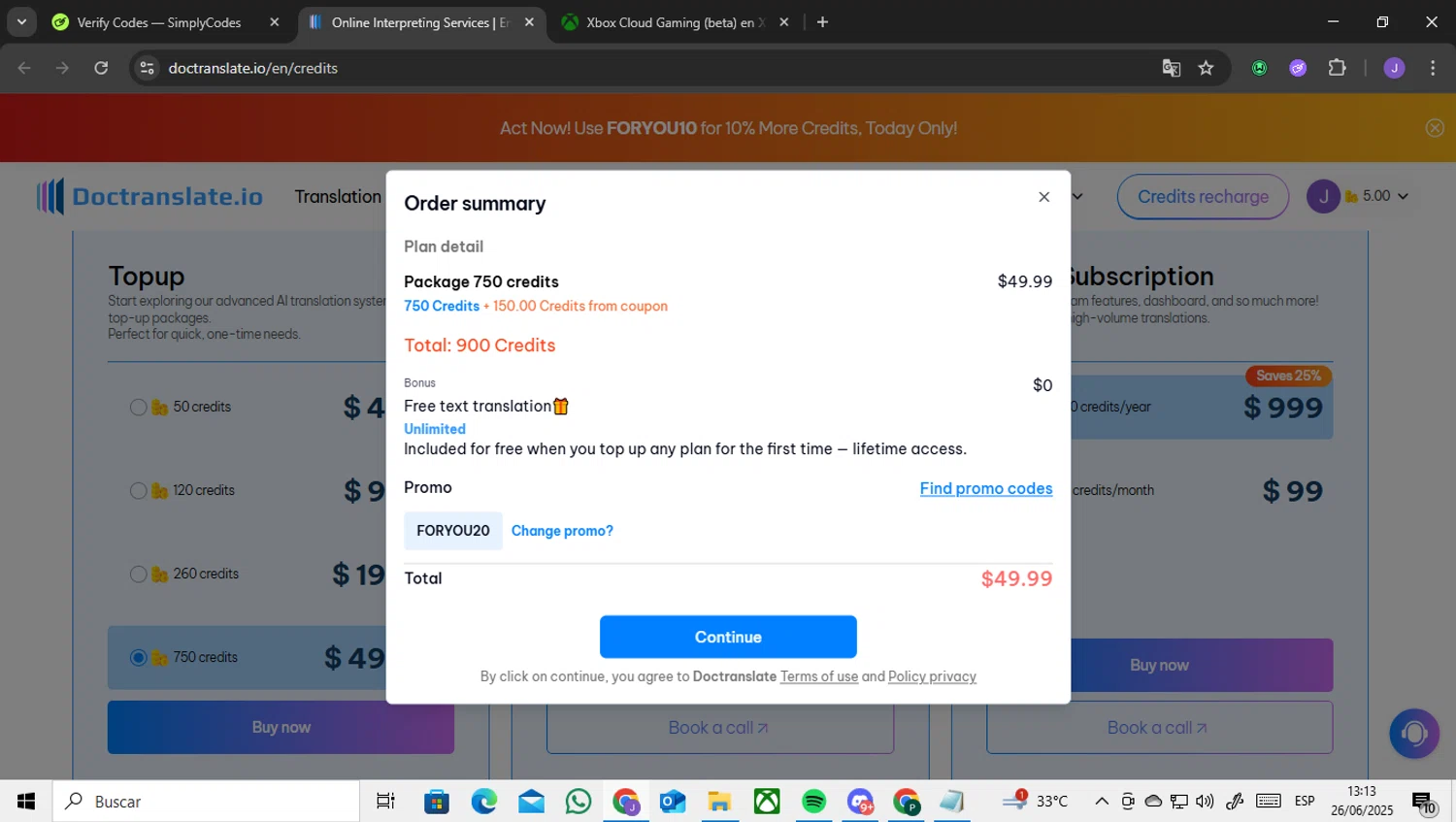 Doctranslate promo code screenshot showing code FORYOU20 applied at Doctranslate checkout page. Uploaded by SimplyCodes community member ENCARAMESSI on Jun 26, 2025