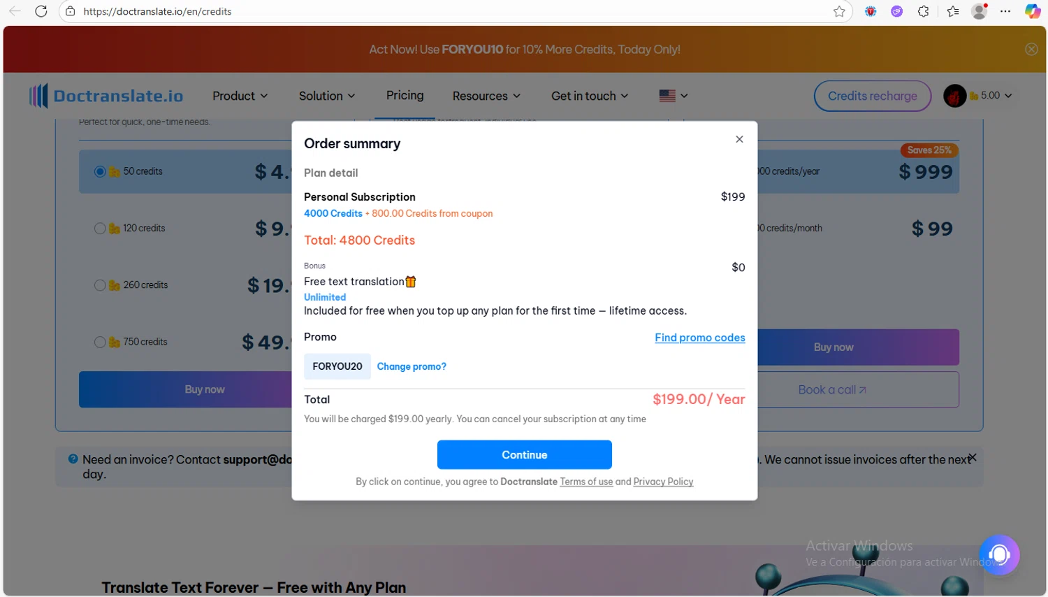 Doctranslate promo code screenshot showing code FORYOU20 applied at Doctranslate checkout page. Uploaded by SimplyCodes community member Franco20 on Nov 18, 2025