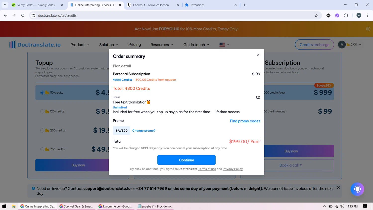 Doctranslate promo code screenshot showing code SAVE20 applied at Doctranslate checkout page. Uploaded by SimplyCodes community member BonusMonarch7015 on Oct 23, 2025