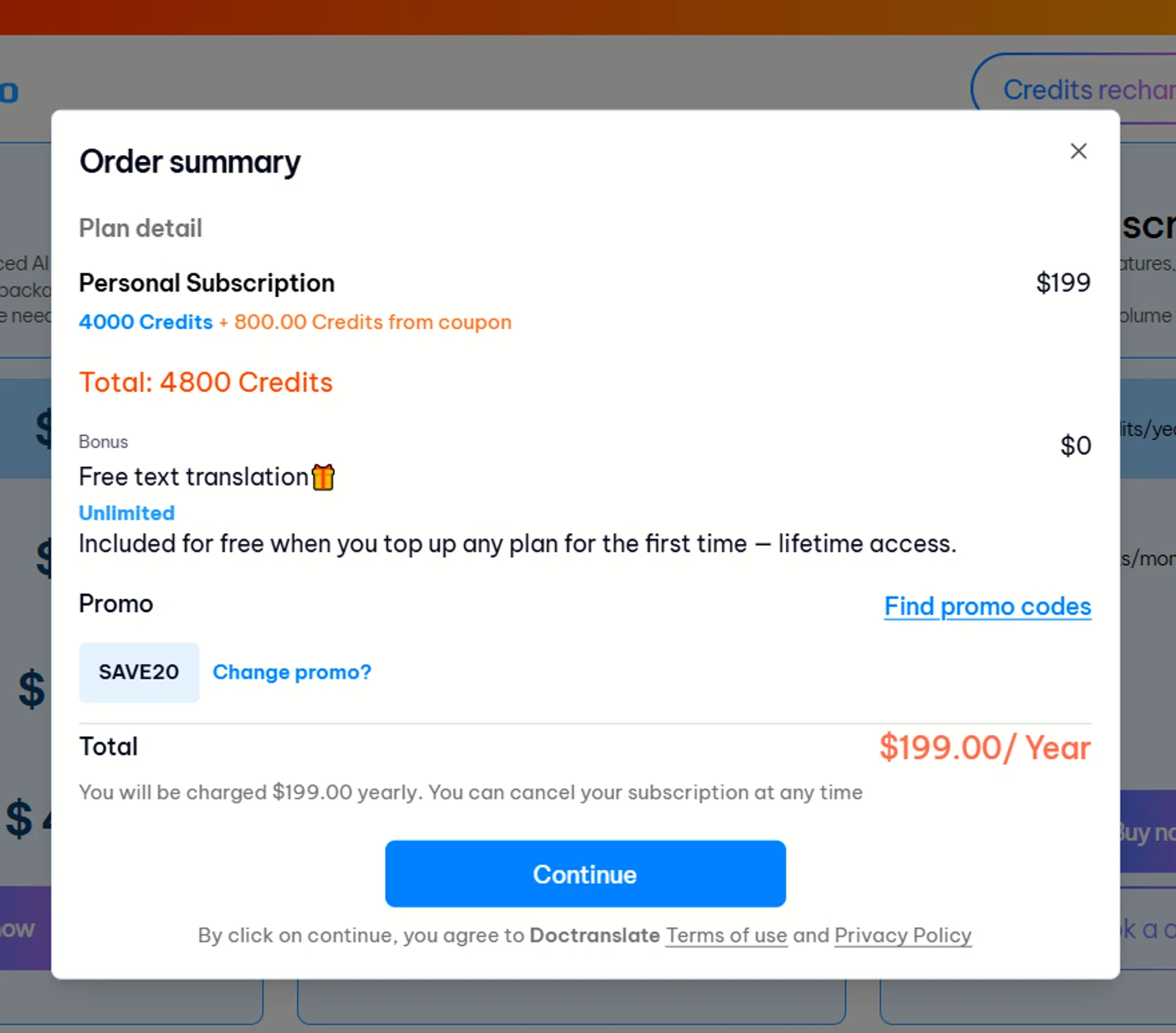 Doctranslate promo code screenshot showing code SAVE20 applied at Doctranslate checkout page. Uploaded by SimplyCodes community member a2d2c2d211 on Sep 24, 2025