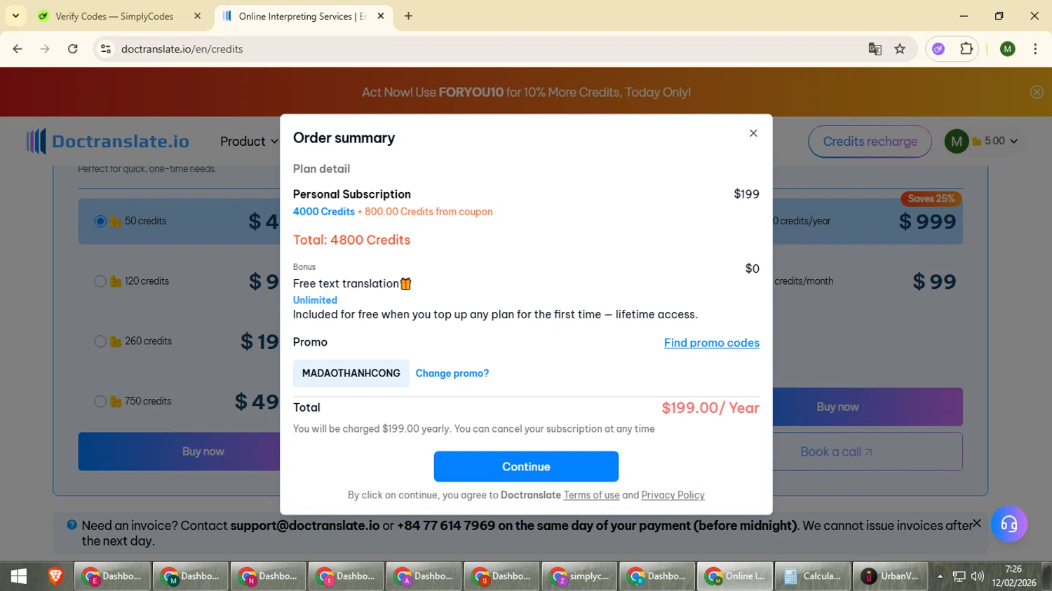 Doctranslate checkout page showing Doctranslate promo code box | Screenshot taken by SimplyCodes community member on Feb 12, 2026