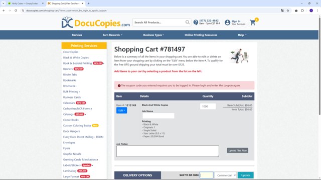 DocuCopies checkout page showing DocuCopies coupon code box | Screenshot taken by SimplyCodes community member on Apr 1, 2025
