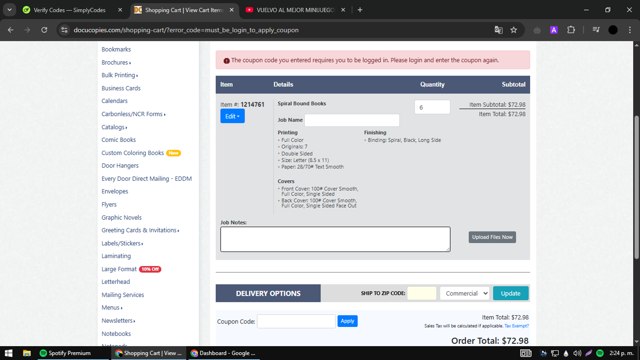 DocuCopies checkout page showing DocuCopies coupon code box | Screenshot taken by SimplyCodes community member on Apr 7, 2025