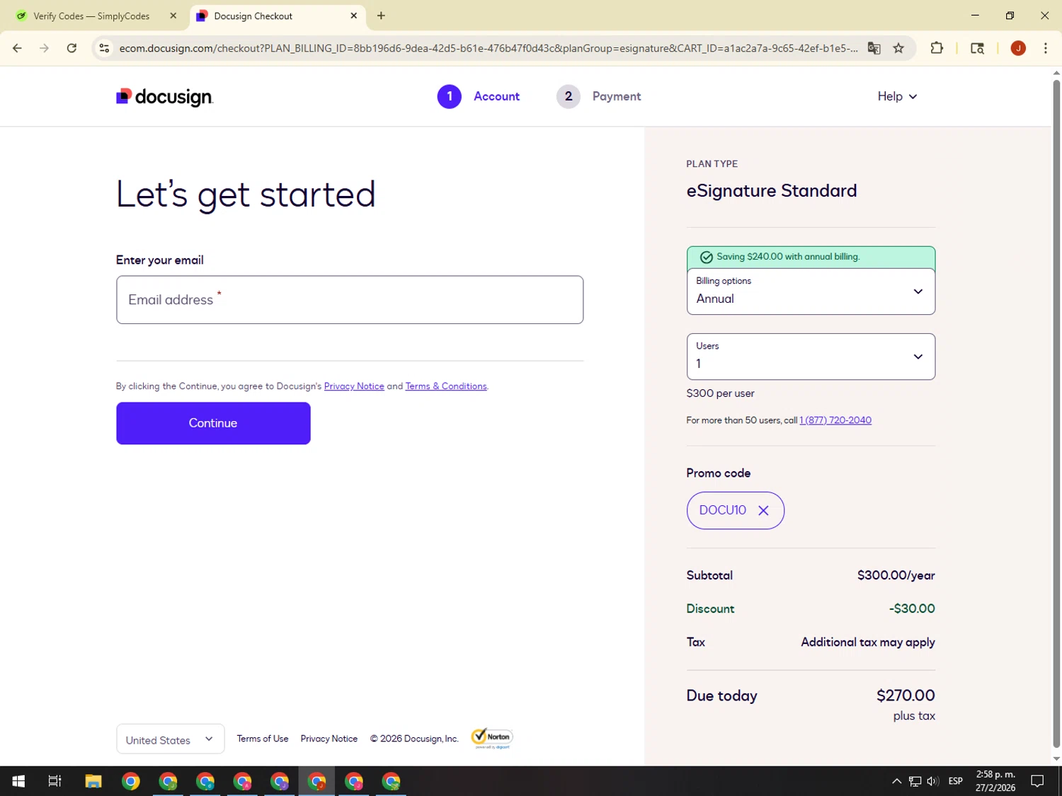 DocuSign promo code screenshot showing code DOCU10 applied at DocuSign checkout page. Uploaded by SimplyCodes community member KimDokja on Feb 27, 2026