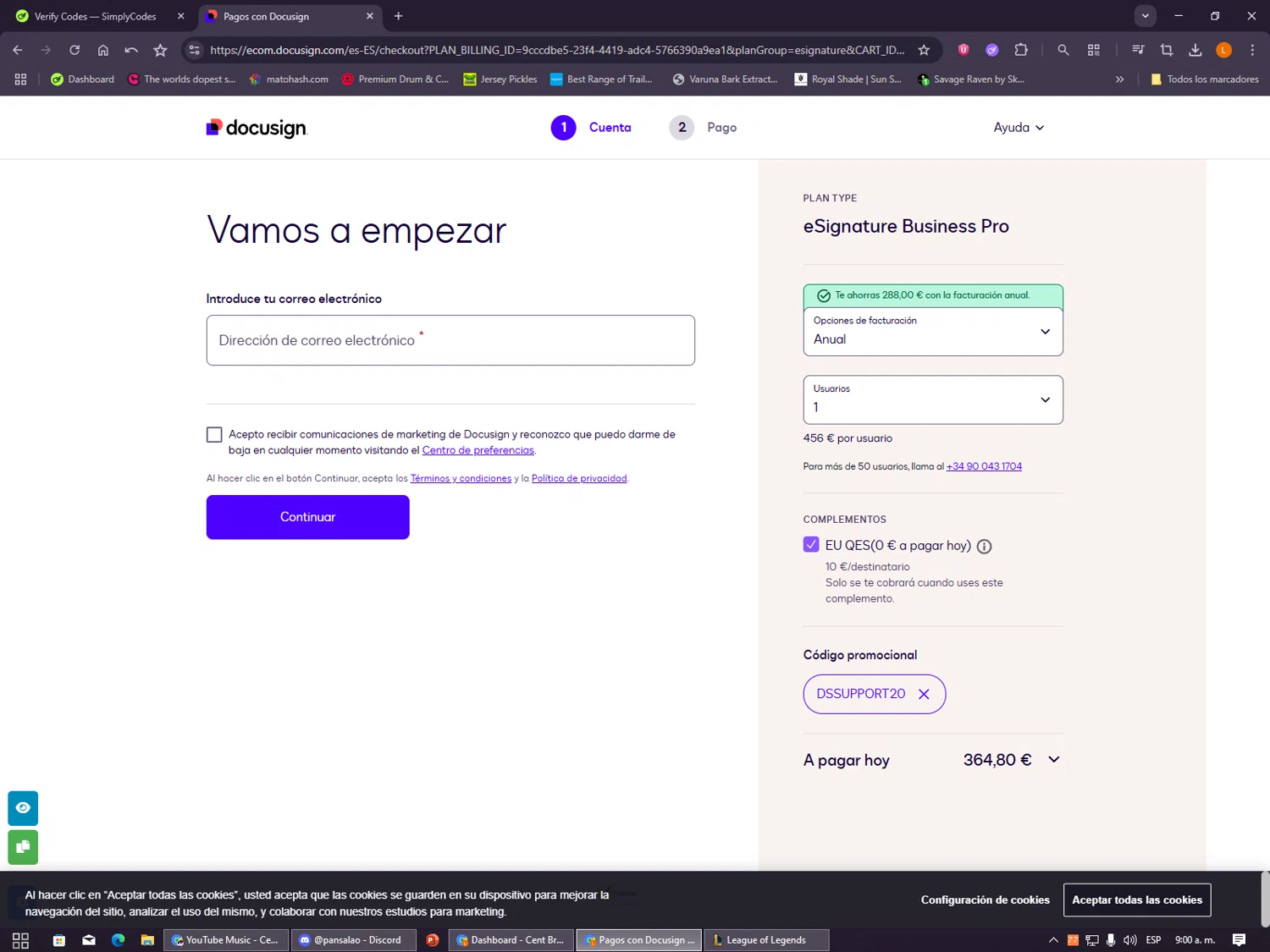 DocuSign promo code screenshot showing code DSSUPPORT20 applied at DocuSign checkout page. Uploaded by SimplyCodes community member VayneChambeadora on Dec 20, 2025