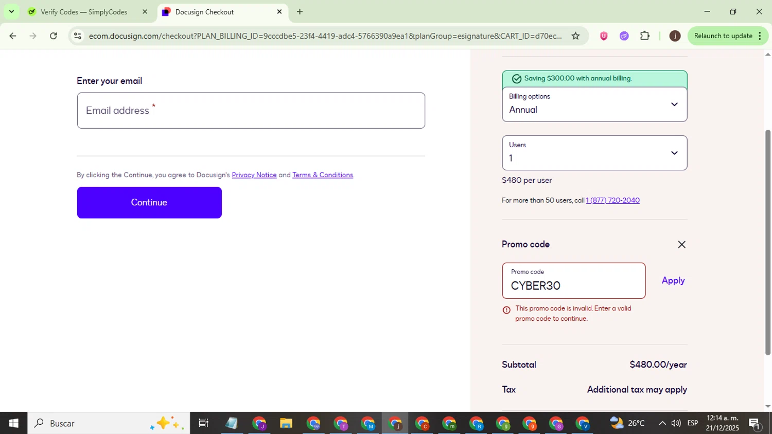 DocuSign promo code screenshot showing code CYBER30 applied at DocuSign checkout page. Uploaded by SimplyCodes community member WonderEagle9833 on Dec 21, 2025