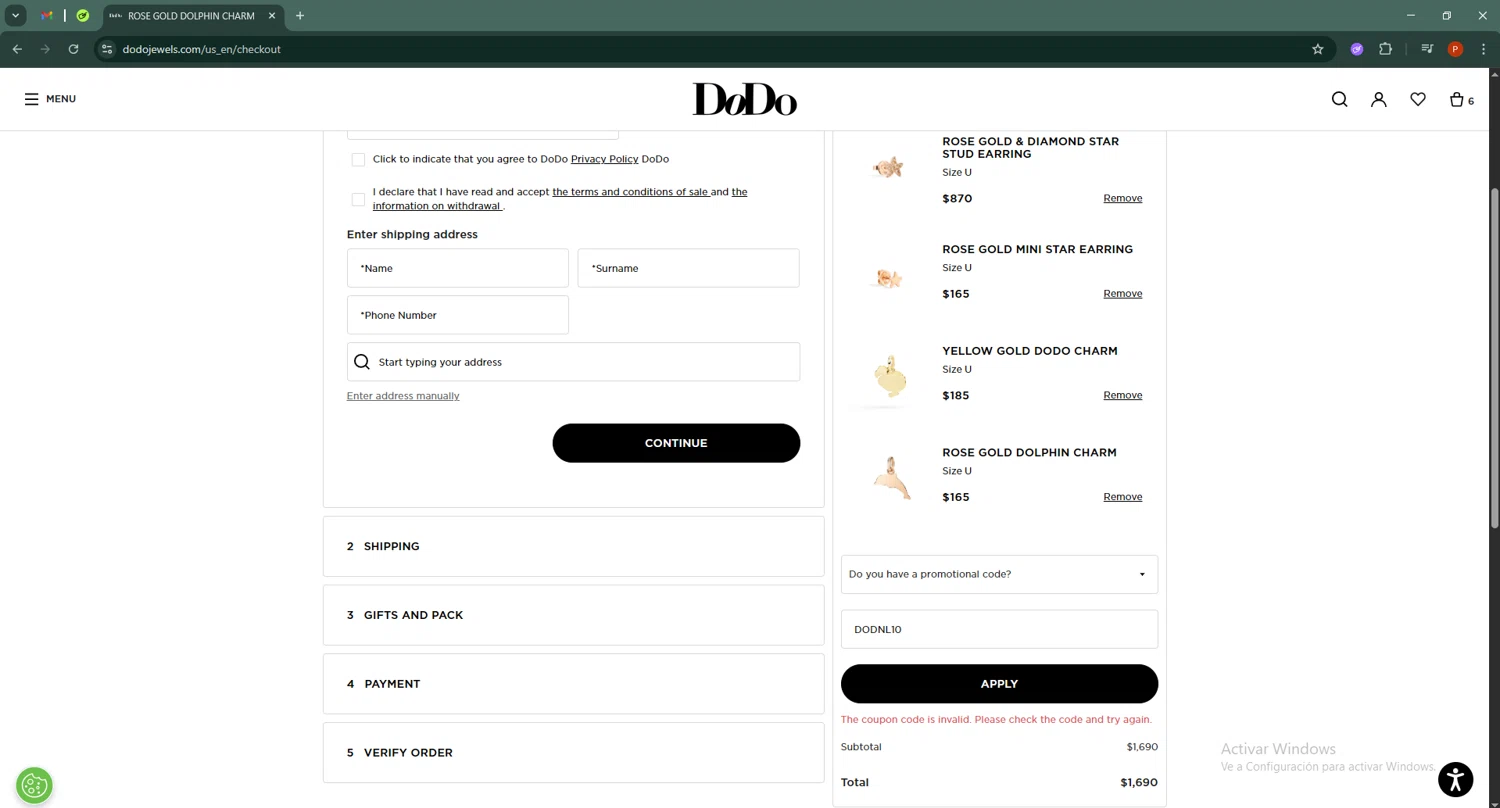DoDo Jewels promo code screenshot showing code DODNL10 applied at DoDo Jewels checkout page. Uploaded by SimplyCodes community member Isabelle_adjanichamber on Jul 17, 2025