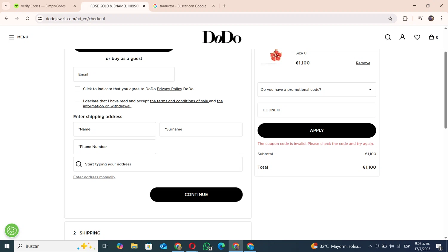 DoDo Jewels promo code screenshot showing code DODNL10 applied at DoDo Jewels checkout page. Uploaded by SimplyCodes community member andresito16 on Jul 17, 2025
