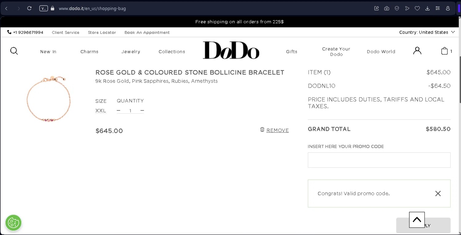DoDo Jewels checkout page showing DoDo Jewels promo code box | Screenshot taken by SimplyCodes community member on Nov 27, 2024