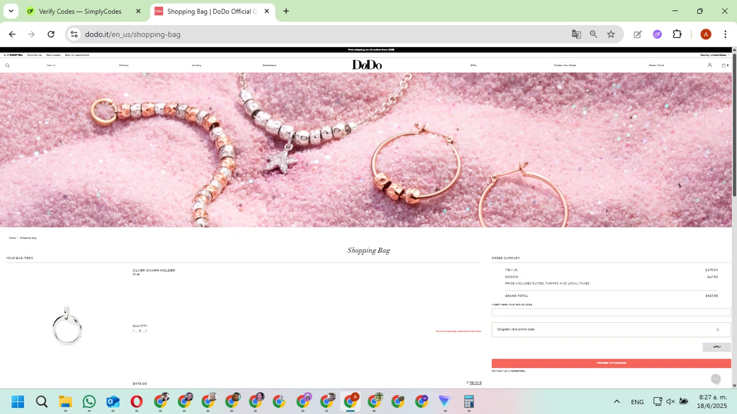 DoDo Jewels checkout page showing DoDo Jewels promo code box | Screenshot taken by SimplyCodes community member on Jun 18, 2025