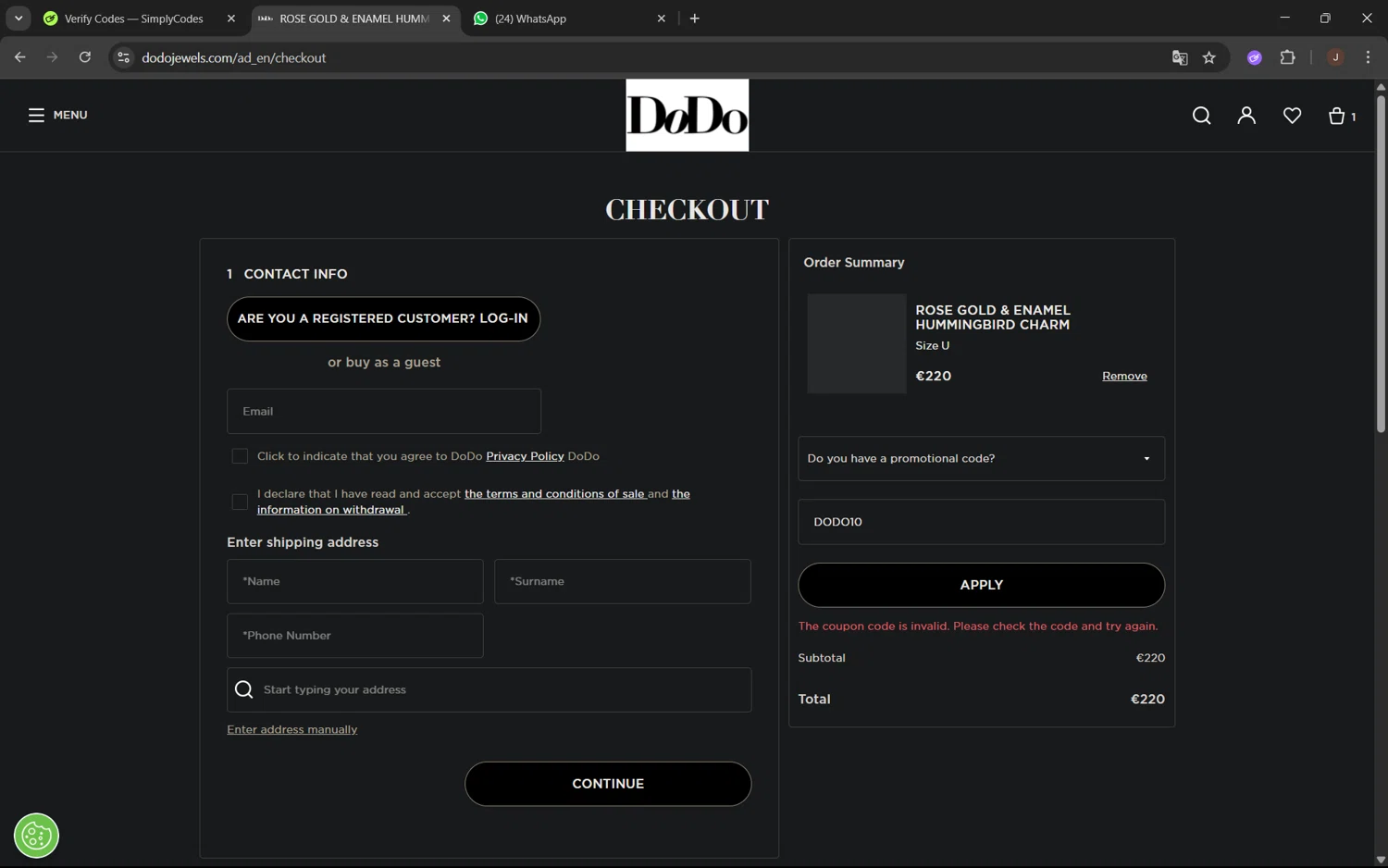 DoDo Jewels promo code screenshot showing code DODO10 applied at DoDo Jewels checkout page. Uploaded by SimplyCodes community member juanx1702 on Jul 17, 2025