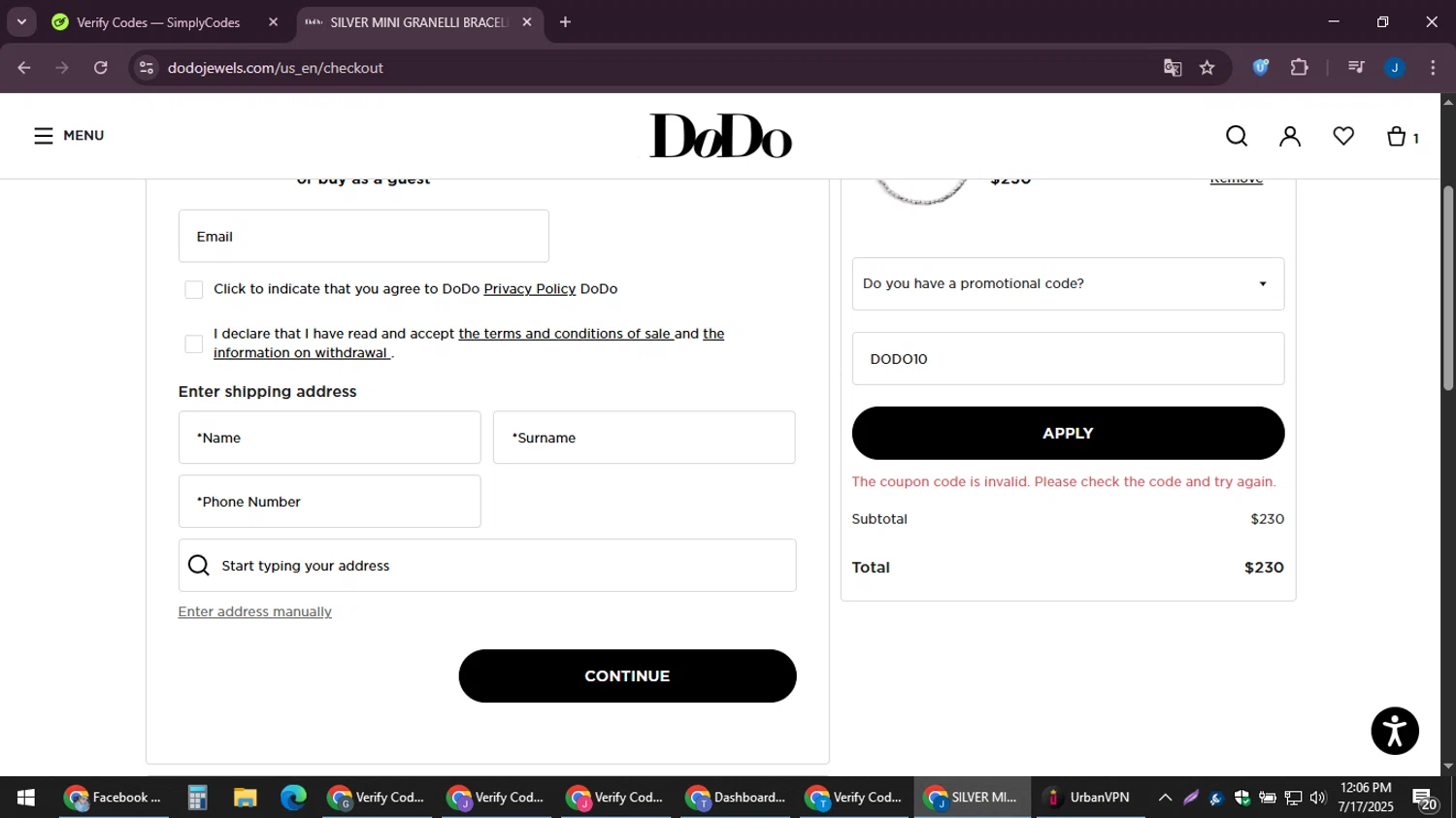 DoDo Jewels promo code screenshot showing code DODO10 applied at DoDo Jewels checkout page. Uploaded by SimplyCodes community member noesmith34ur on Jul 17, 2025