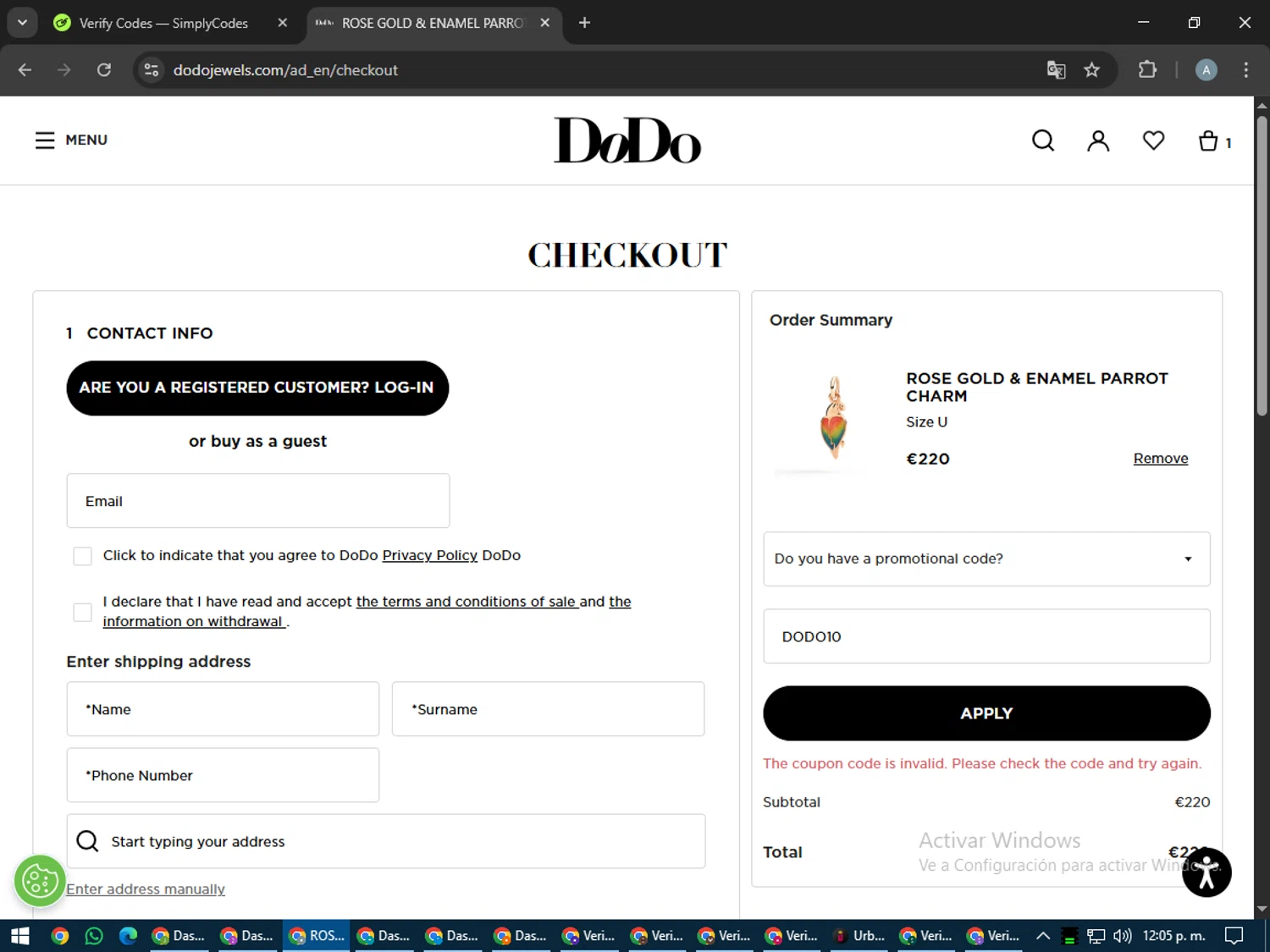 DoDo Jewels promo code screenshot showing code DODO10 applied at DoDo Jewels checkout page. Uploaded by SimplyCodes community member trippieredd on Jul 17, 2025
