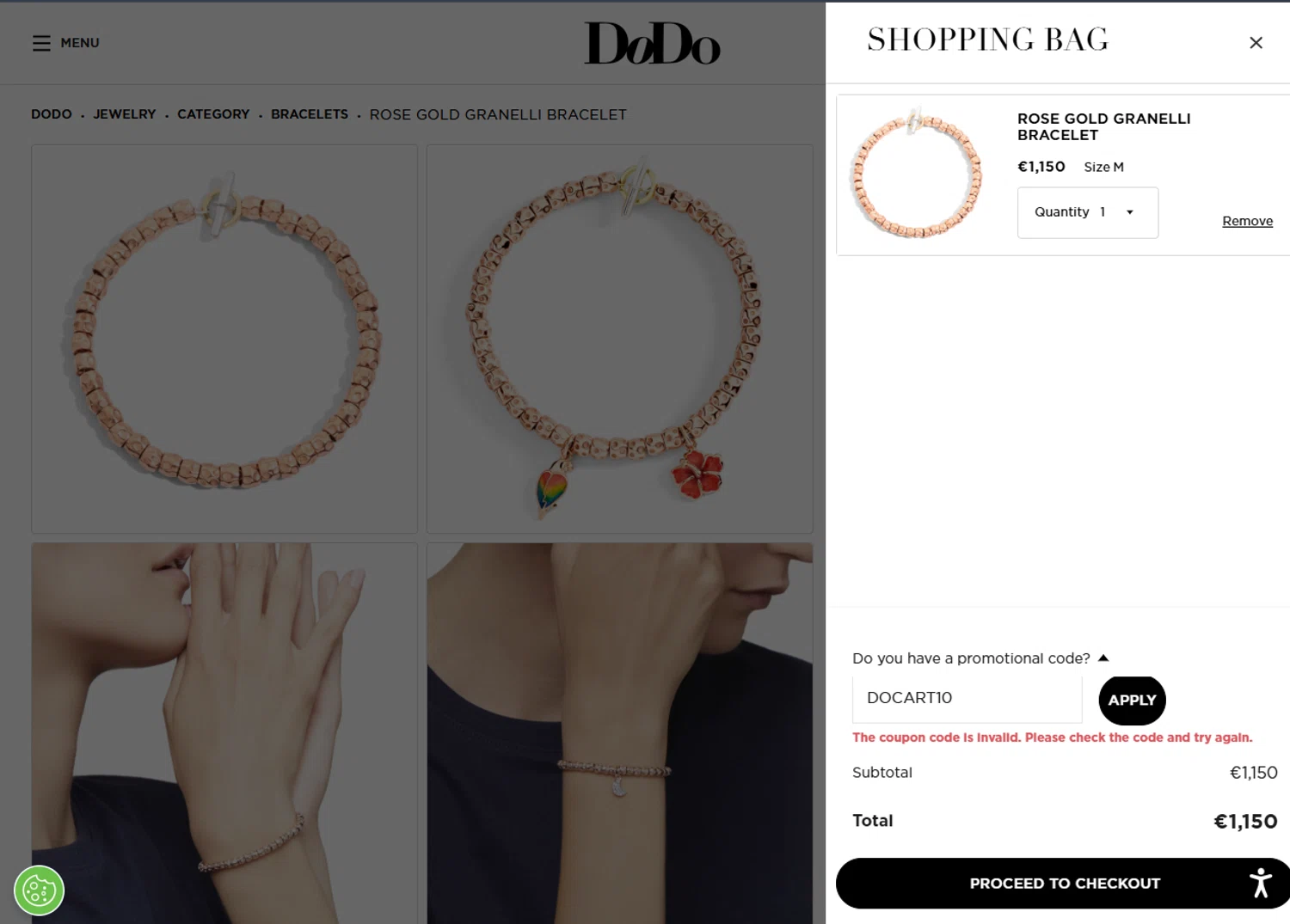 DoDo Jewels promo code screenshot showing code DOCART10 applied at DoDo Jewels checkout page. Uploaded by SimplyCodes community member BargainSaver8204 on Jul 23, 2025