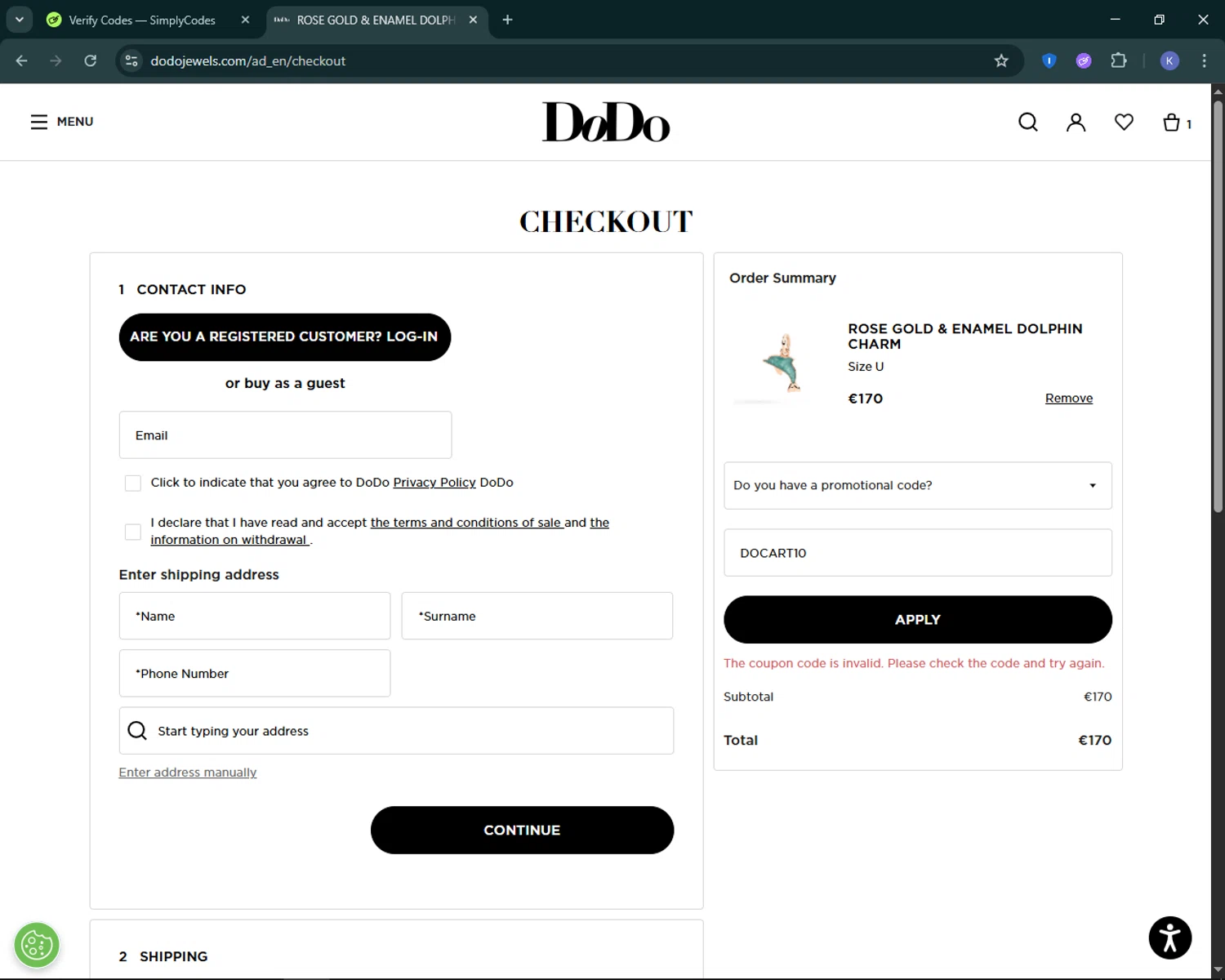 DoDo Jewels promo code screenshot showing code DOCART10 applied at DoDo Jewels checkout page. Uploaded by SimplyCodes community member KevLapage on Jul 23, 2025