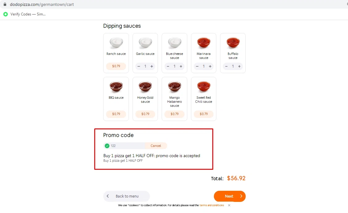 Dodo Pizza checkout page showing Dodo Pizza promo code box | Screenshot taken by SimplyCodes community member on May 21, 2021