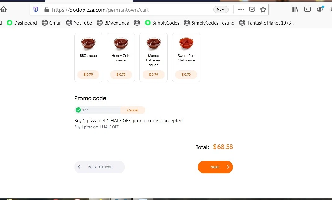 Dodo Pizza checkout page showing Dodo Pizza promo code box | Screenshot taken by SimplyCodes community member on May 27, 2021